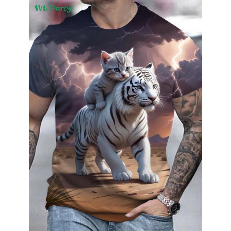 Новая футболка с 3D-принтом кота, летняя, для улицы, мужская, с коротким рукавом, модная, с круглым вырезом, мужские топы, повседневная, оверсайз, мужская одежда