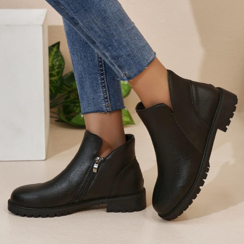 European andAmerican Foreign Trade Low-heeled Round-head Short Martin Boots Women's Autumn New Large-size British-style Thin Side Zipper Leather Boots