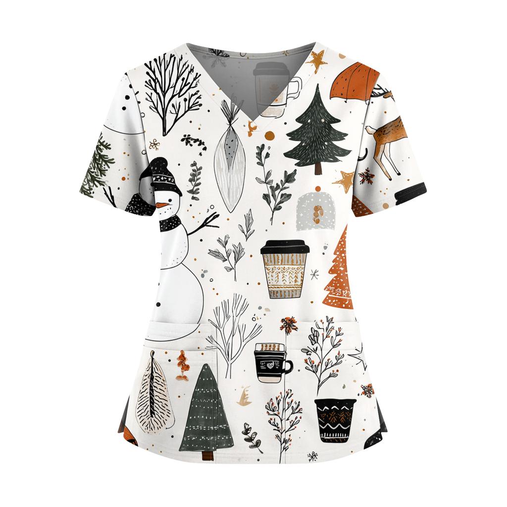 Women's Christmas Print V-Neck Double Pocket Short Sleeves Hem Slit Uniform And Caregiver Top