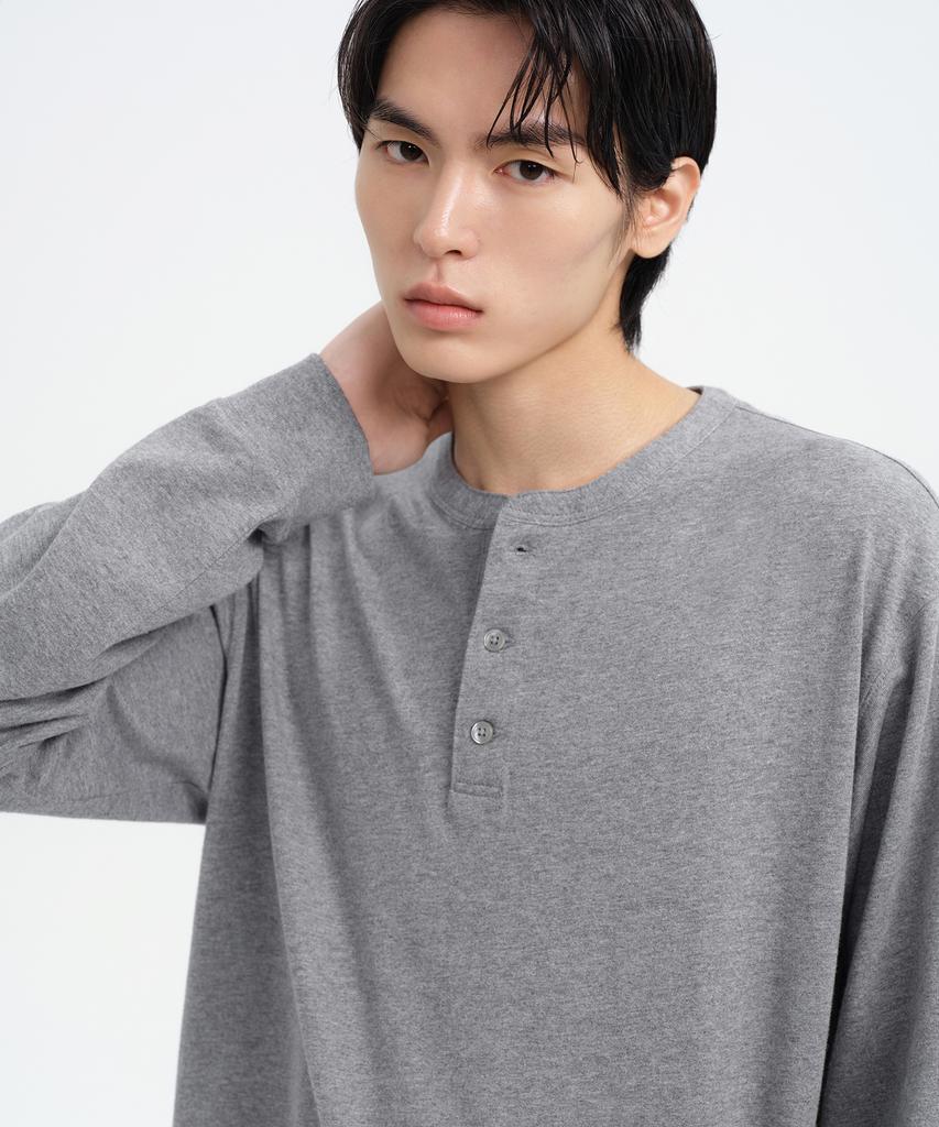 MUSINSA STANDARD Rib Cuff Henley Neck Long Sleeve T-Shirt [Melange Gray]