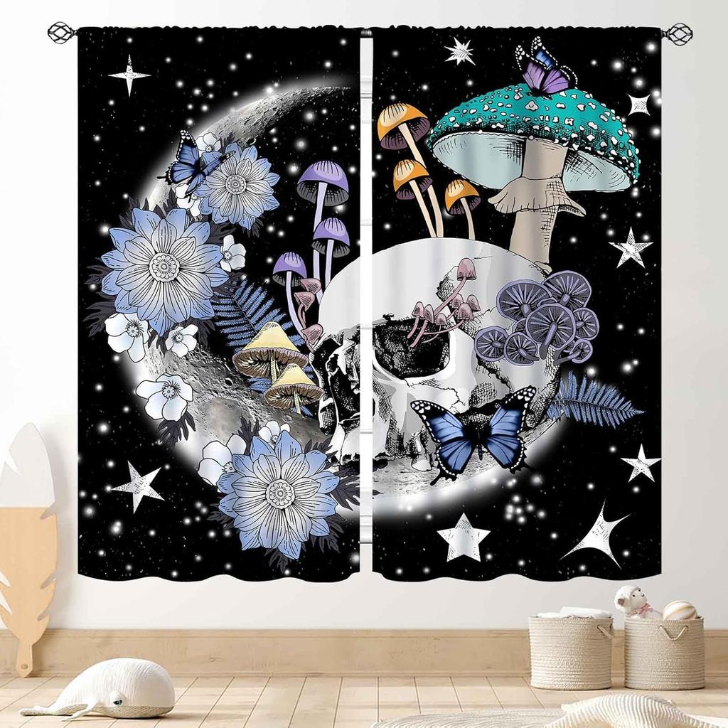 Gothic Floral Curtains,Boho Black Flower Spooky Moody Witchy Goth Peony Rose Mysterious Skull Skeleton Trippy Aesthetics