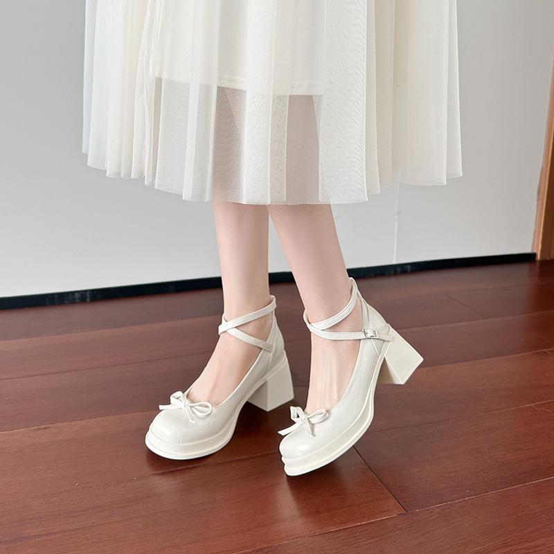 Французская мягкая кожа толстый каблук водонепроницаемый стол Мэри Джейн туфли сказочный стиль увеличивающие рост бант пряжка-ремешок мелкий вырез высокий каблук