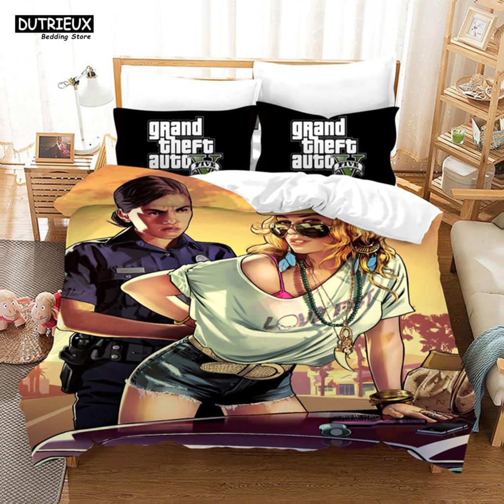 Комплект мультяшного постельного белья на тему игры GTA V с пододеяльником и наволочкой, включая одеяло