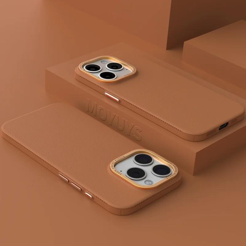 Роскошный металлический чехол с кожаной текстурой для защиты камеры iPhone 15 14 Plus 13 12 16 Pro Max Мягкий силиконовый матовый противоударный чехол