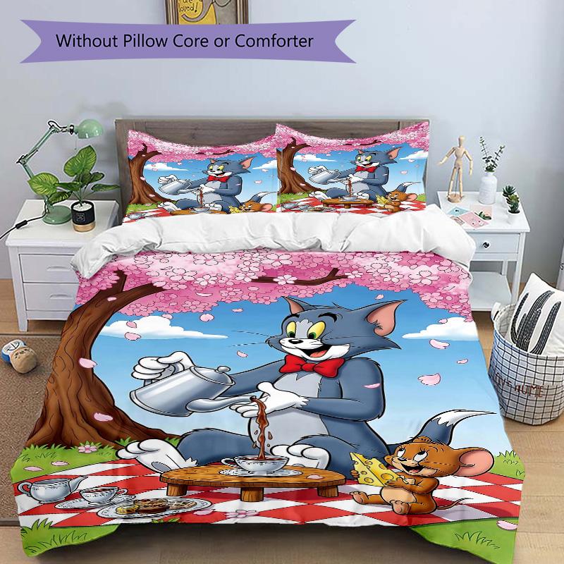 Tom Jerry Picnic Print 3Pcs Bedding Setduvet Cover With 2 Bedropillowcase Home Birthday Gift