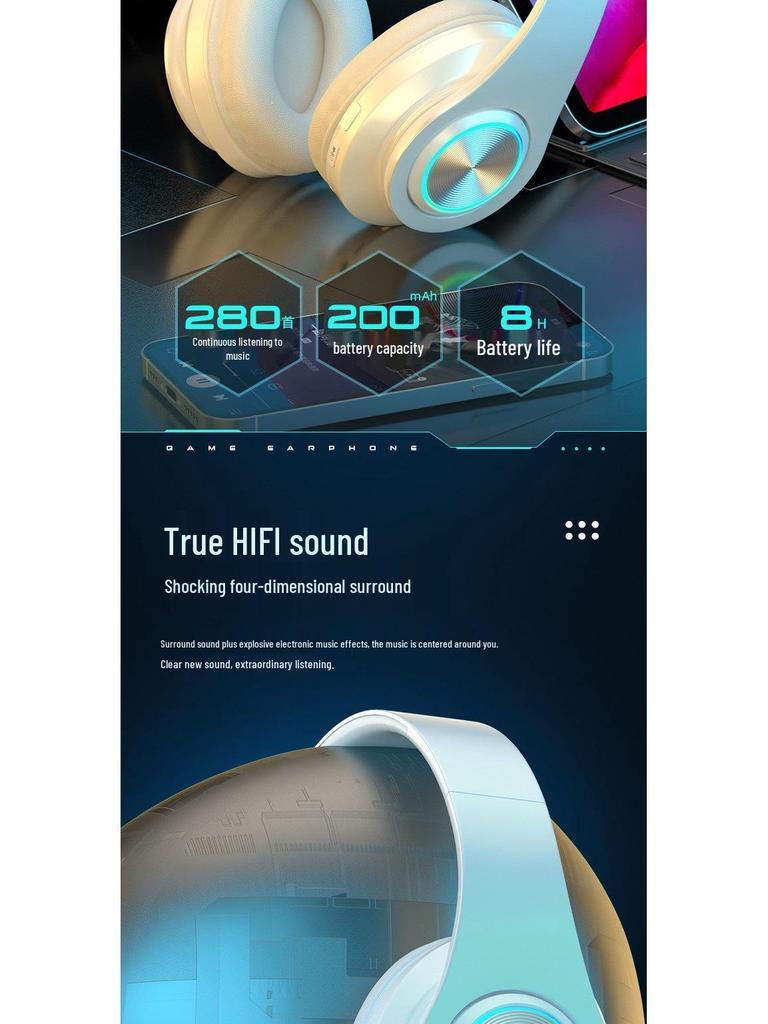 B39 Luminous Bluetooth Headphones - Head-mounted, Heavy Bass, Wireless Sports Gaming Headset.