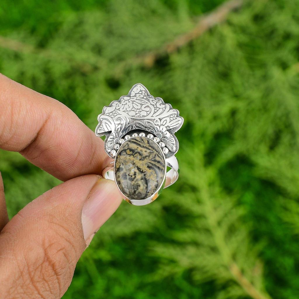 Mothers Day Deal Leopardskin Jasper Gemstone Stackable Ring 925 Sterling Silver