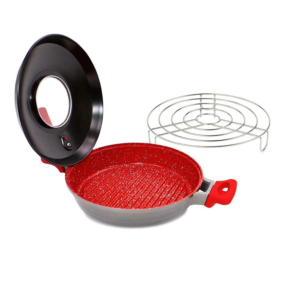 Flavorstone Healthy Grill Frying Pan with Lid, Perfect for Grilling Fish, Meat, and Steaks, Non-Stick, Gas Stove Compatible, Induction Compatible