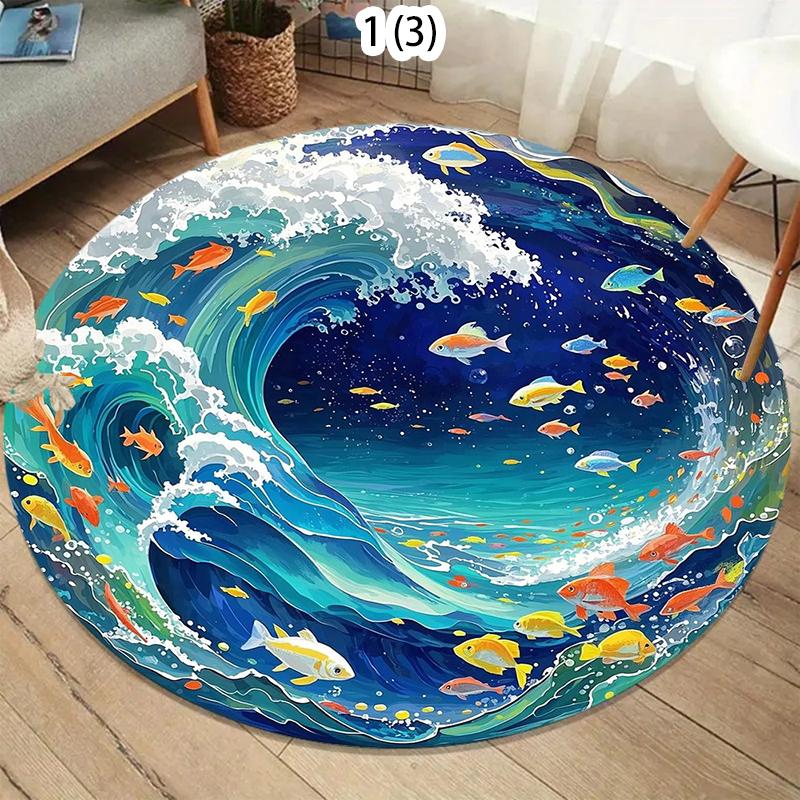 Vibrant Coral Reef Dolphin Underwater Round Area Rug Colorful Marine Pattern Non-Slip Floor Mat for Living Rooms Kids' Play Area
