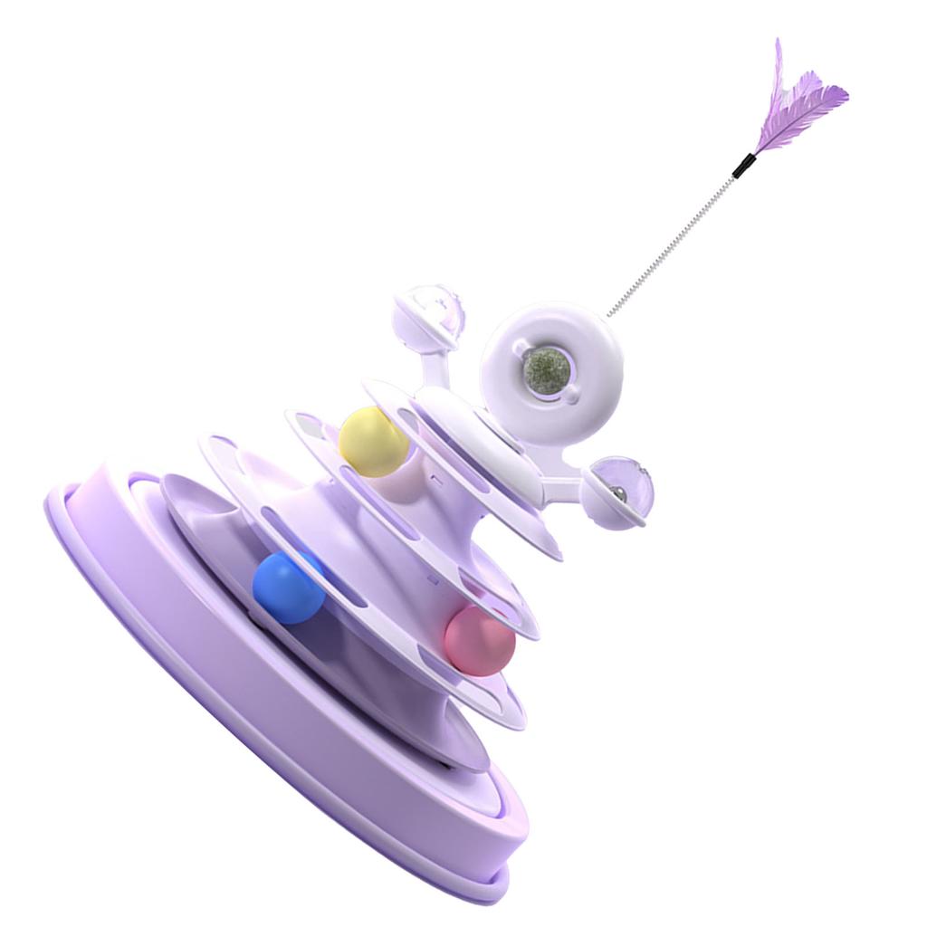 Cat Ball Tower Toy with Feather Catnip 4 Layer Rail Pet Turntable Game for Exercise Purple