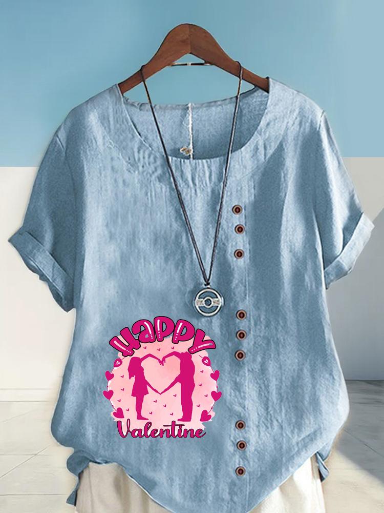 Women's Fashion Love Letter Print Casual Cotton Linen Short Sleeve Round Neck T-shirt Shirt Leisure Loose Summer Blouse Tops