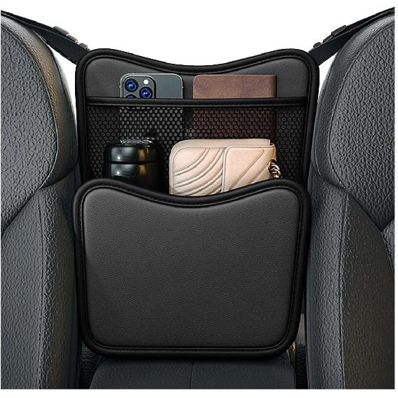 Car Organizer Storage Between Seats, Leather Large Capacity Automobile Handbag Hanging Store Content Bag, Auto Console Organizer Holder for Snack