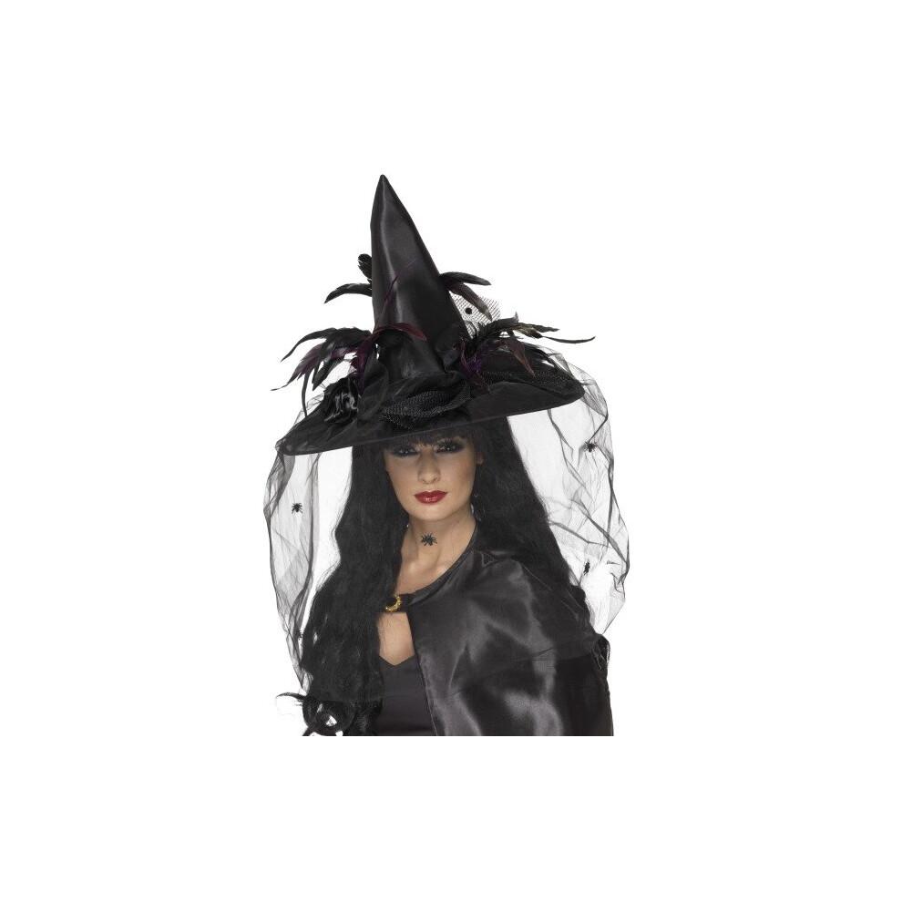 Smiffy's Deluxe Witch Hat - Black - hat witch deluxe black halloween fancy dress smiffys feathers witches ladies costume