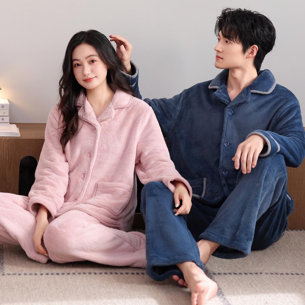 Flannel couple pajamas winter fleece thickened coral fleece men's and women's autumn and winter large size high-end loungewear set