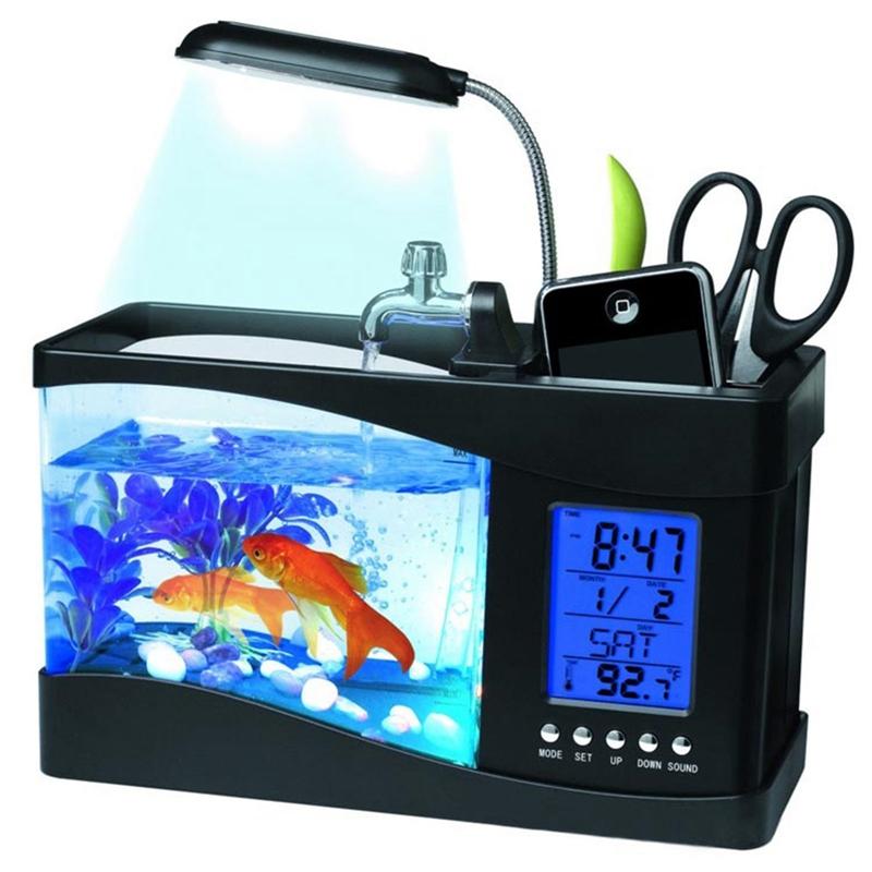 Fish Tank Mini Aquarium Beta Self Cleaning With LED Light LCD Display Screen And Clock Fish Tank For Office Home Decoration