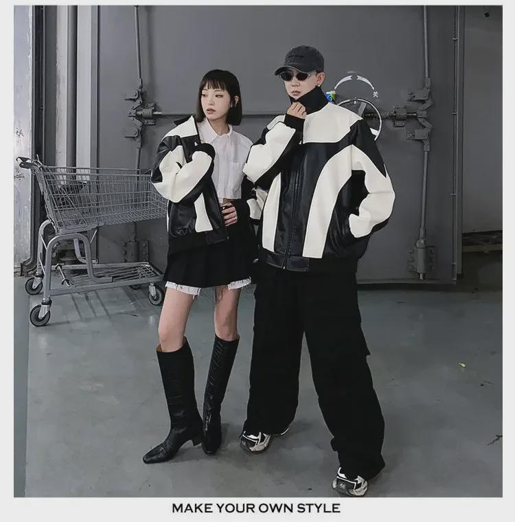 Мужская кожаная куртка в гонконгском стиле: Корейская мода осень/зима, молодежный свободный крой, контрастные цвета, повседневная верхняя одежда для мотоциклистов