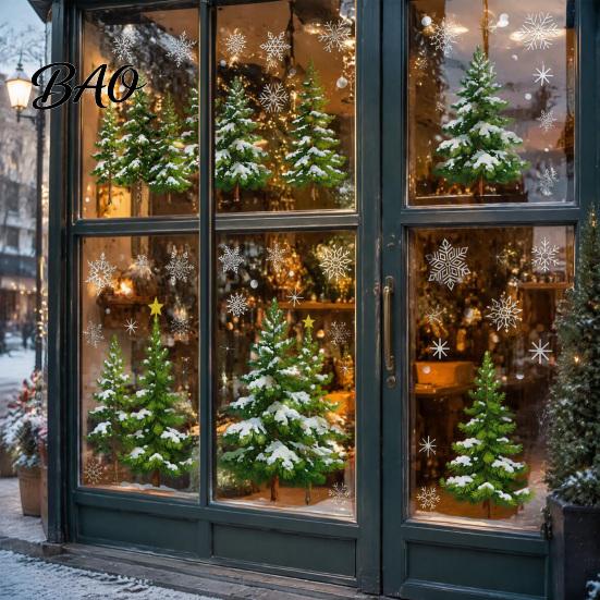 Winter Scene Decoration 2Pcs Christmas Snowflake Window Clings, Green Pine Tree Static Glass Indoor Holiday Decal Stickers, Snow Dots Xmas Decals for
