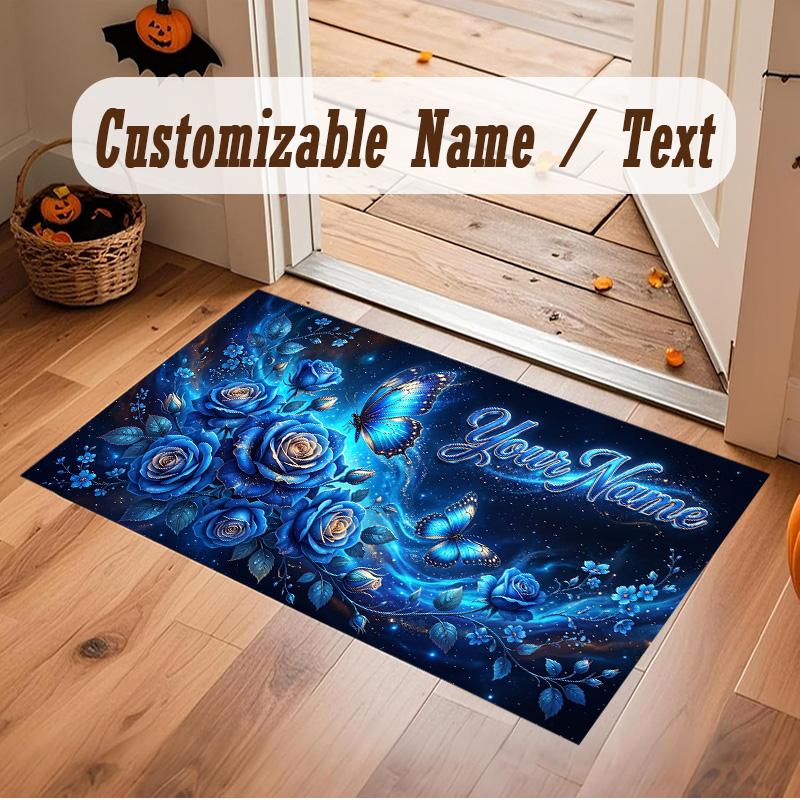 Floral Garden Theme Soft Crystal Velvet Rug Custom Name & Text Print Non Slip Floor Rug for Bedroom Living Room