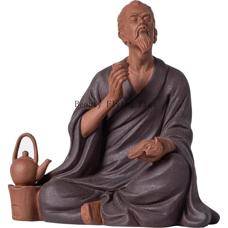 Chinese Historical Figures Statue Ceramic Purple Sand Craft Sculpture Home Room Office Tea Set Decoration Accessories