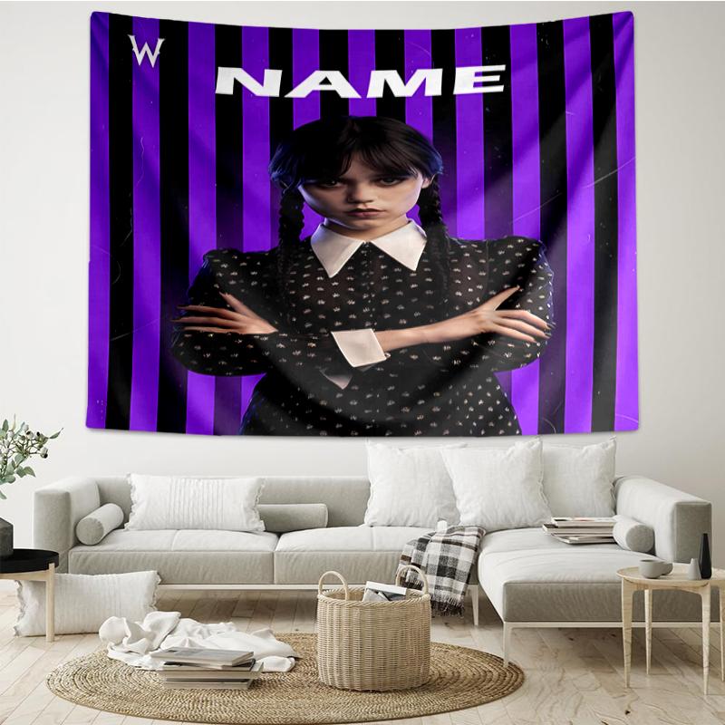 Custom Name Wednesday Print Tapestry, Backdrop, Easy Setup, Ideal for Bedroom, Office & Living Room, with Aesthetic Wall Hanging Decor.
