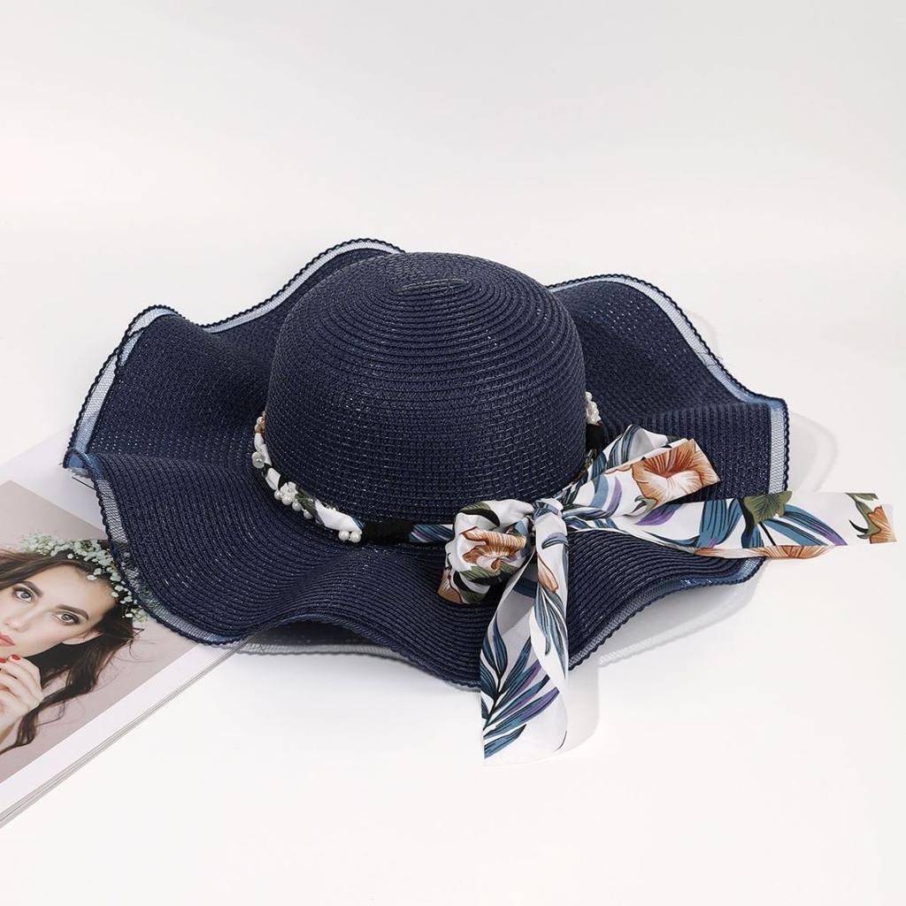 Small fresh pastoral style bow streamer straw hat women's summer travel elegant big brim basin hat sunshade sun protection hat