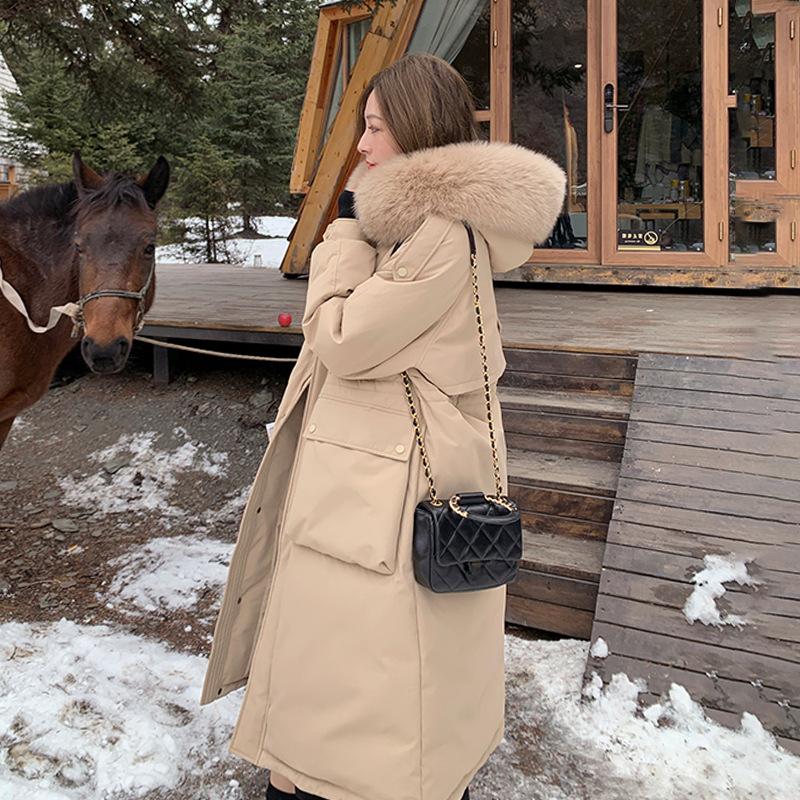 New Parker Dress Large Wool Collar Cotton-padded Jacket Women's Mid-length Thickened Waisted Hooded Thickened Duck Down Jacket