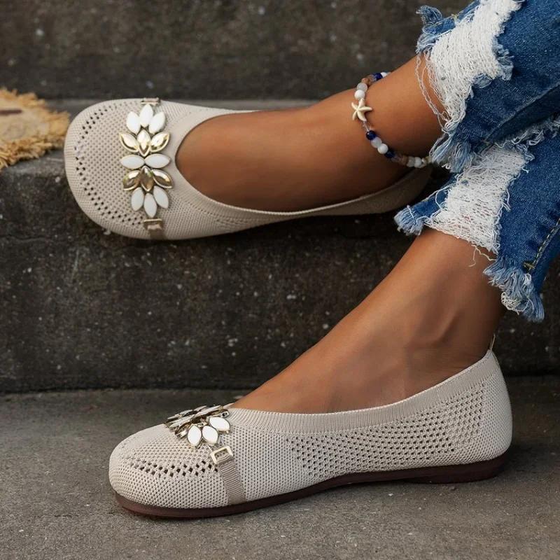 Plus Size 43 Women Shoes New Fashion Sequins Round Toe Flat Shoes for Women Mesh Breathable Soft Sole Casual Shoes Zapatos