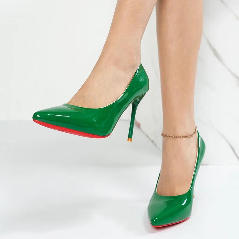 Сексуальные черные модные туфли-лодочки на высоком каблуке на тонком каблуке, туфли из лакированной кожи с красной подошвой, туфли-лодочки на высоком каблуке для свадебного банкета, большие размеры 43