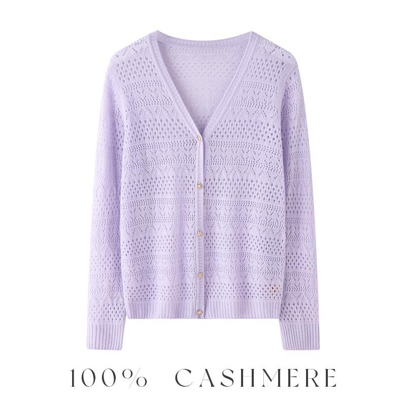 Elegant Women's Cashmere V-neck Cardigan with Hollow Out Design for Autumn/Winter