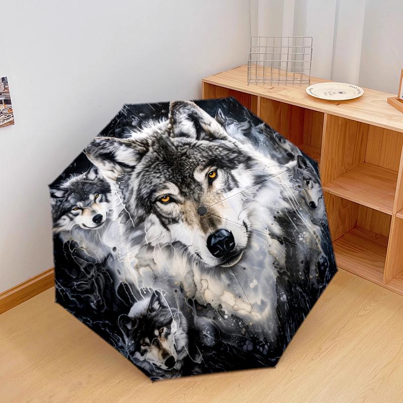 1 шт. Автоматический складной зонт - Красивый узор с волком, Портативный и складной дизайн с 8 спицами, Рождественские и новогодние подарки