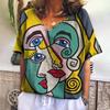 New T Shirt For Women Abstract V-neck Short Sleeve Tee Casual Oil Painting Female Clothing Fashion Street Retro Women's T-shirt