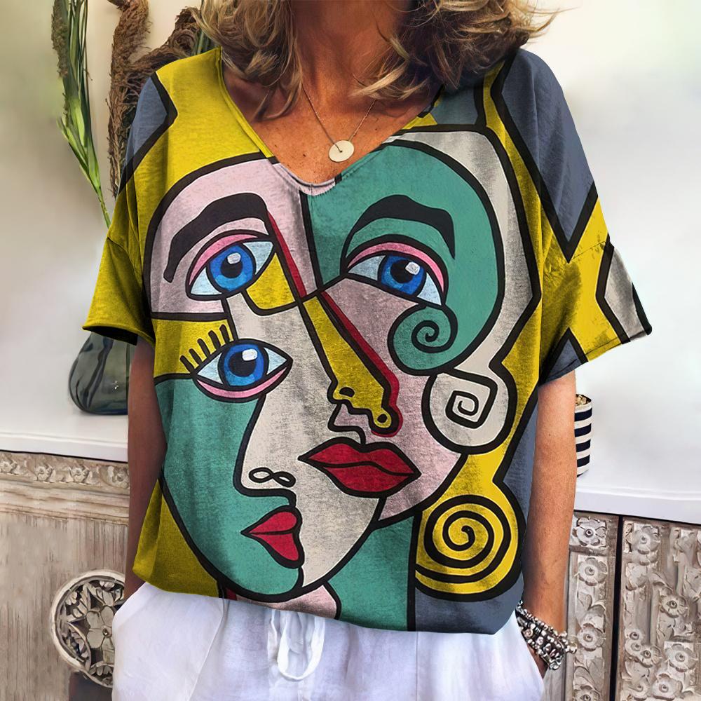 New T Shirt For Women Abstract V-neck Short Sleeve Tee Casual Oil Painting Female Clothing Fashion Street Retro Women's T-shirt