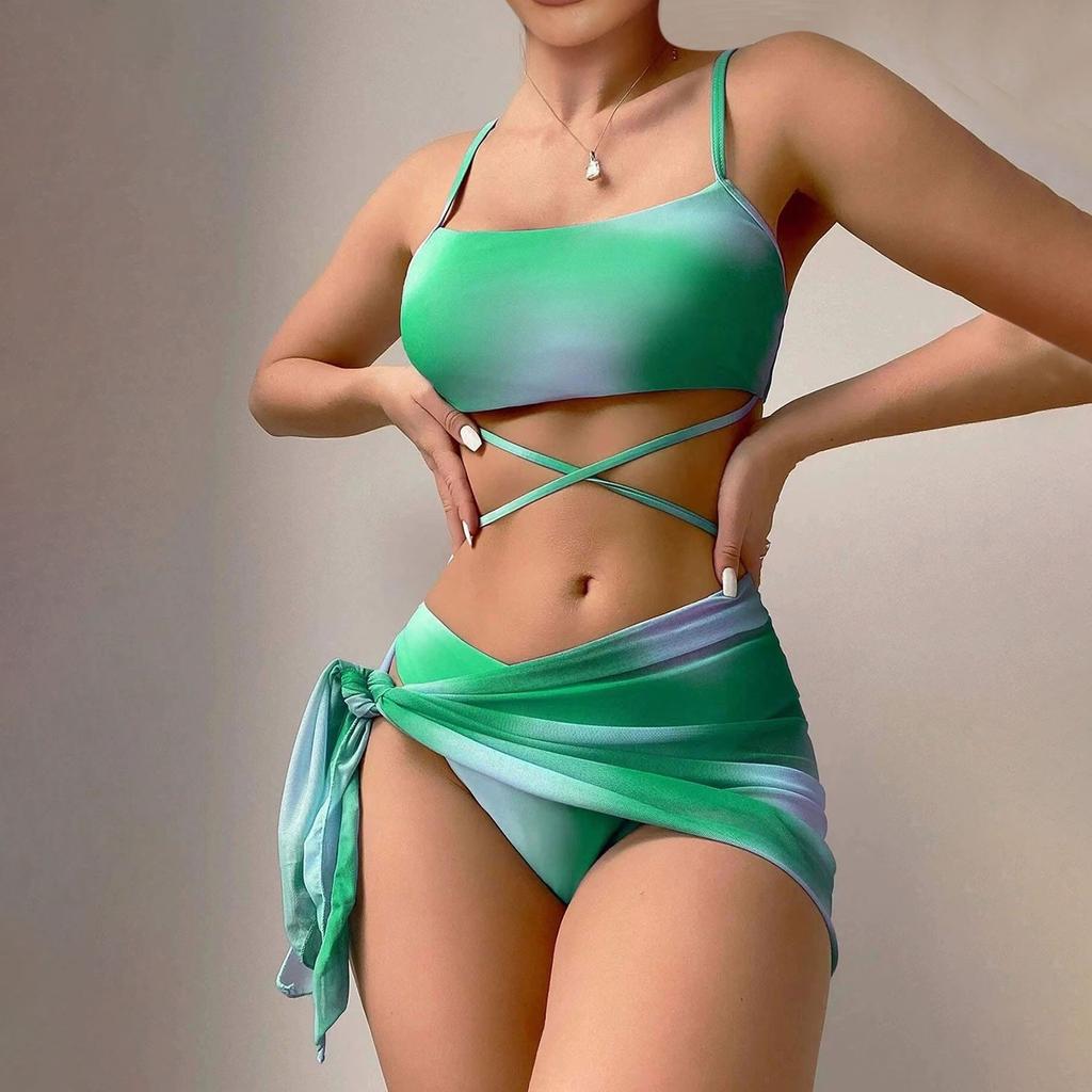 Женский однотонный купальник, женский купальник с разрезом на тонких бретельках и высокой талией, комплект из четырех предметов