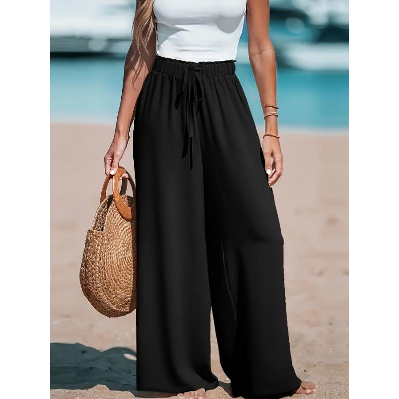 Women's Four Seasons Pants, Solid Color Wide Leg Pants, Elegant Loose Fake Drawstring Pants, Women's Clothing