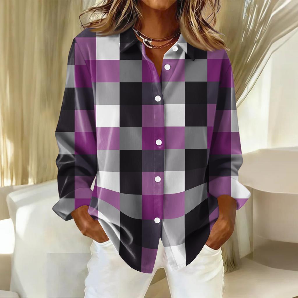 Женская рубашка-блузка с рождественским принтом и пуговицами, длинный рукав, повседневный базовый рубашечный воротник, обычный топ