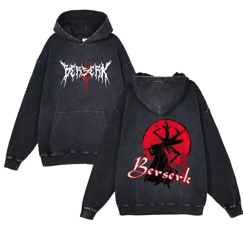 Heavyweight 440g Washed Vintage Berserk Manga Print Hoodie Men Streetwear Casual Sweatshirt