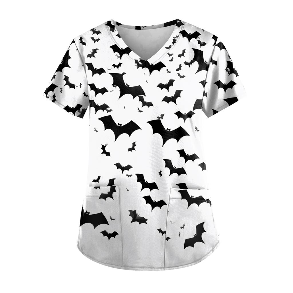 Плюс размер Хэллоуин печатная рабочая форма Топы для женщин футболки с v-образным вырезом и короткими рукавами рабочая одежда футболка с карманами