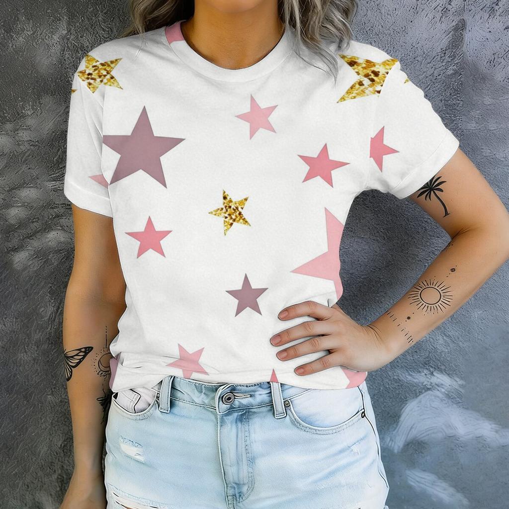 Simple and personalized graffiti star print summer women's round neck short sleeved T-shirt fashionable and versatile daily top
