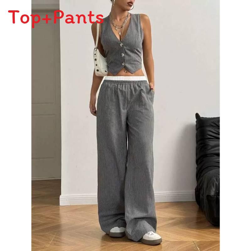 Casual Striped Sleeveless Pants Suit With Cotton Linen Fabric For Office Women