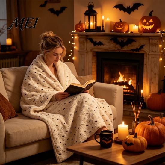 Plush Guest Bed Blankets Halloween Ghost Throw Blanket, Fall Pumpkin Soft Cozy Embroidered Autumn Home Decor Black Cat Blanket for Couch Sofa Bedroom