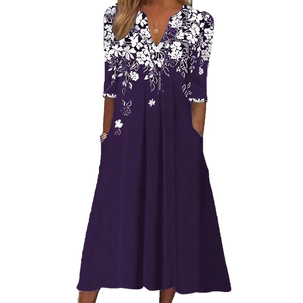 YYFS Женская мода лето-весна с цветочным узором и принтом с коротким рукавом и v-образным вырезом, свободная талия, повседневные платья