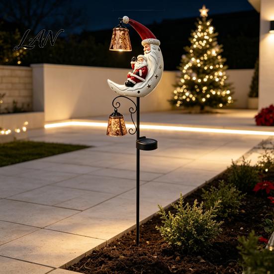 Crescent Moon Santa Claus Pathway Light Solar Christmas Garden Stake Light, Waterproof Weather Resistant Patio Stakes LED for Outdoor Yard Walkway