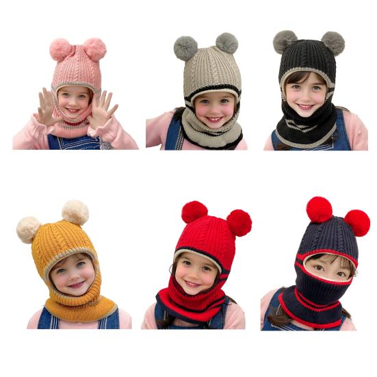 Детская шапка с плюшевыми помпонами, утолщенная вязаная шапка 3-в-1, шапка-шарф-маска, головной убор, эластичная посадка, ветрозащитная шапка