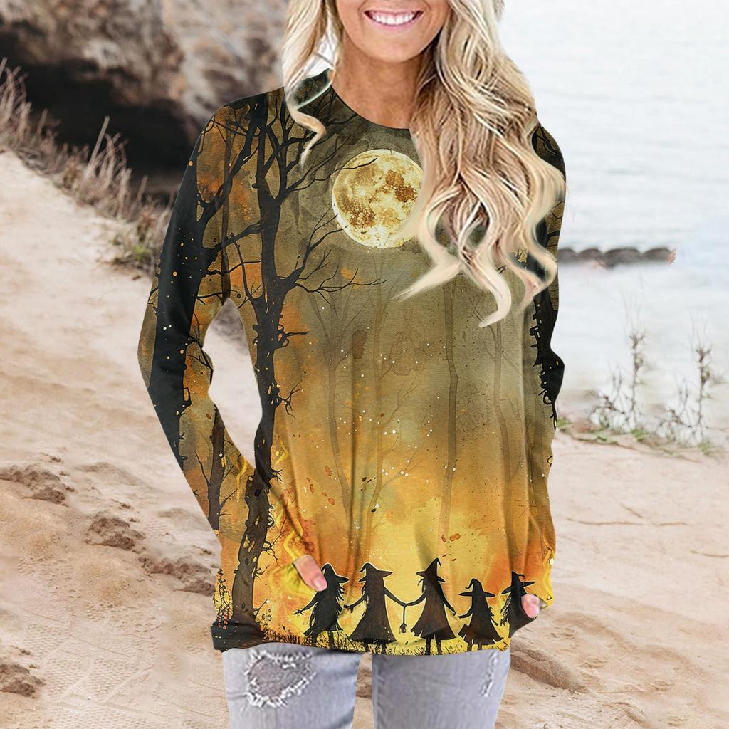 Женская модная повседневная футболка с круглым вырезом и принтом, длинными рукавами и карманами