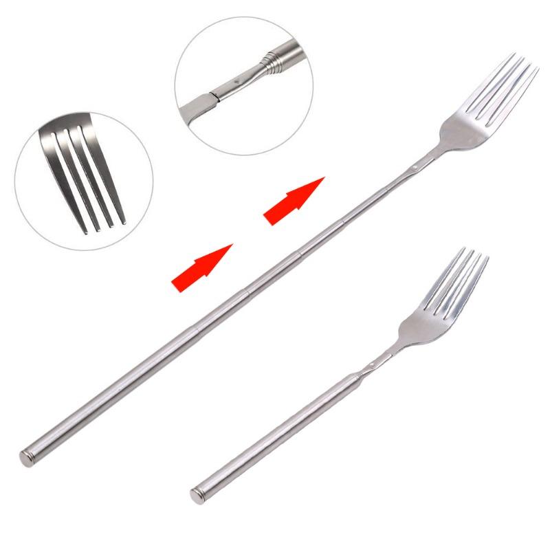 Stainless Steel Telescopic Extendable Long Handle Forks BBQ Dinner Fruit Dessert Toasting Kitchen Tool Tableware Scalable Spoon