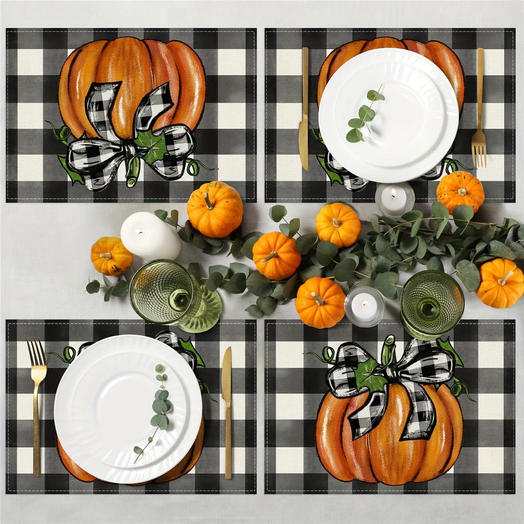 Thanksgiving Pumpkin Meal Mat 4-piece Set Hand Drawn Watercolor Checkered Bow Design Table Mat Dining Decoration