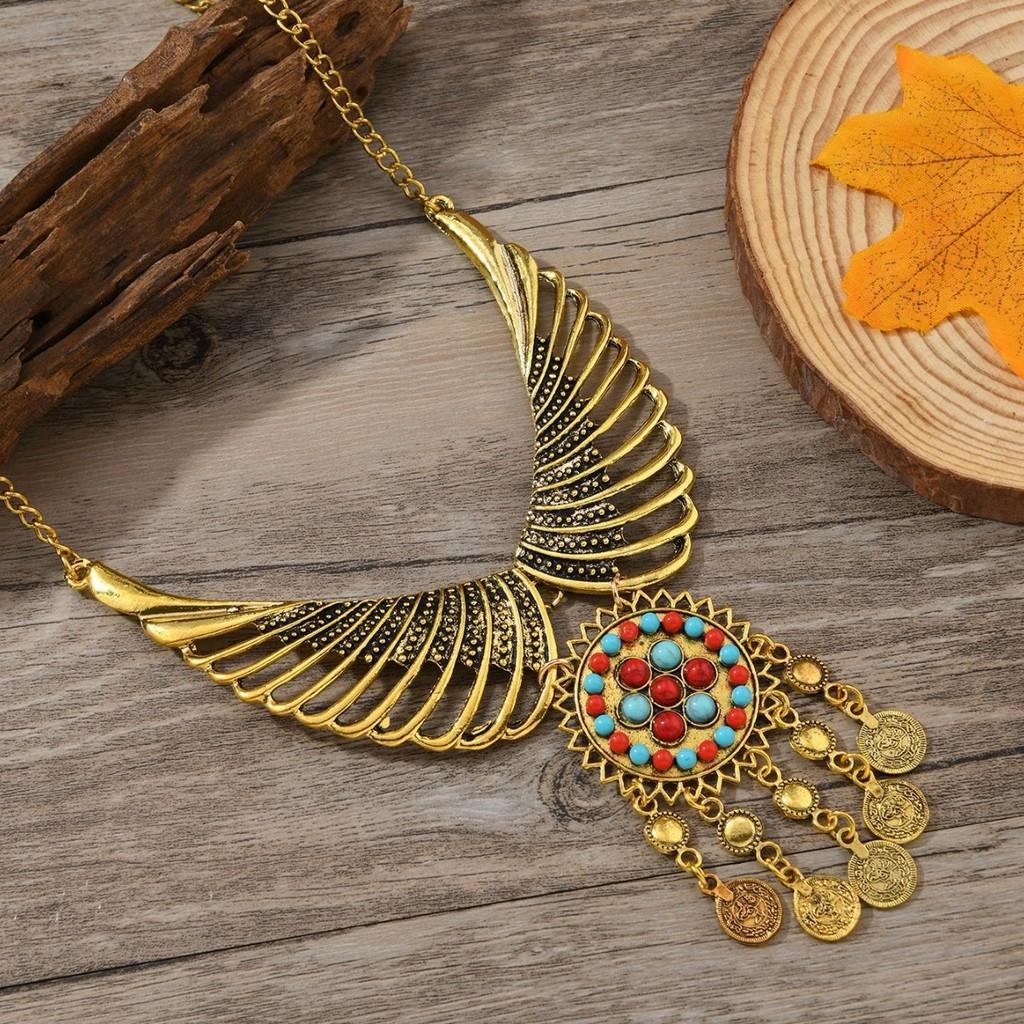 Vintage Inspired Ethnic Coin And Tassel Necklace With Wing Design For Daily