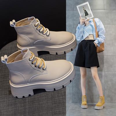 Женские рабочие ботинки в британском стиле на толстой подошве со шнуровкой, повседневные кожаные туфли со стелькой, увеличивающей рост