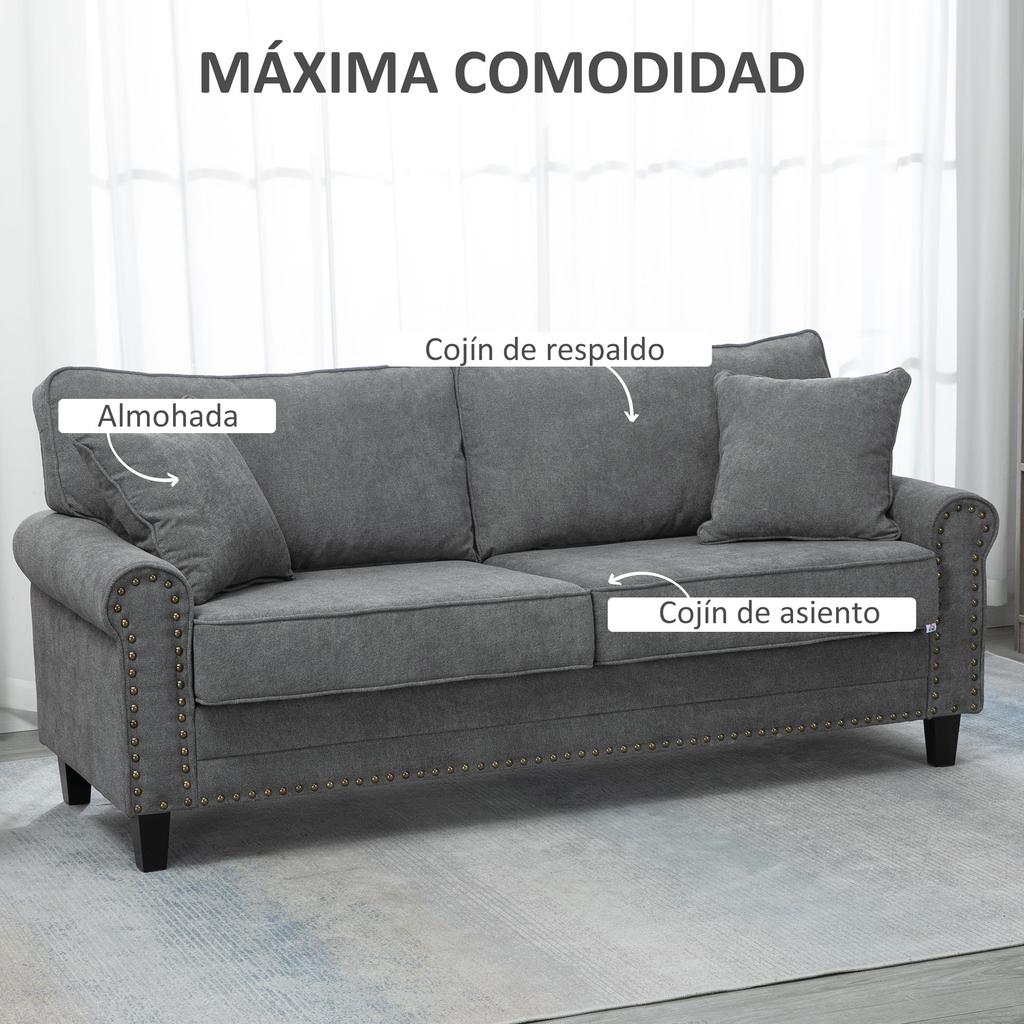 3-Seater Sofa with Aged Gold Studs Upholstered in Polyester with 2 Decorative Cushions 196x80,5x89 cm Grey