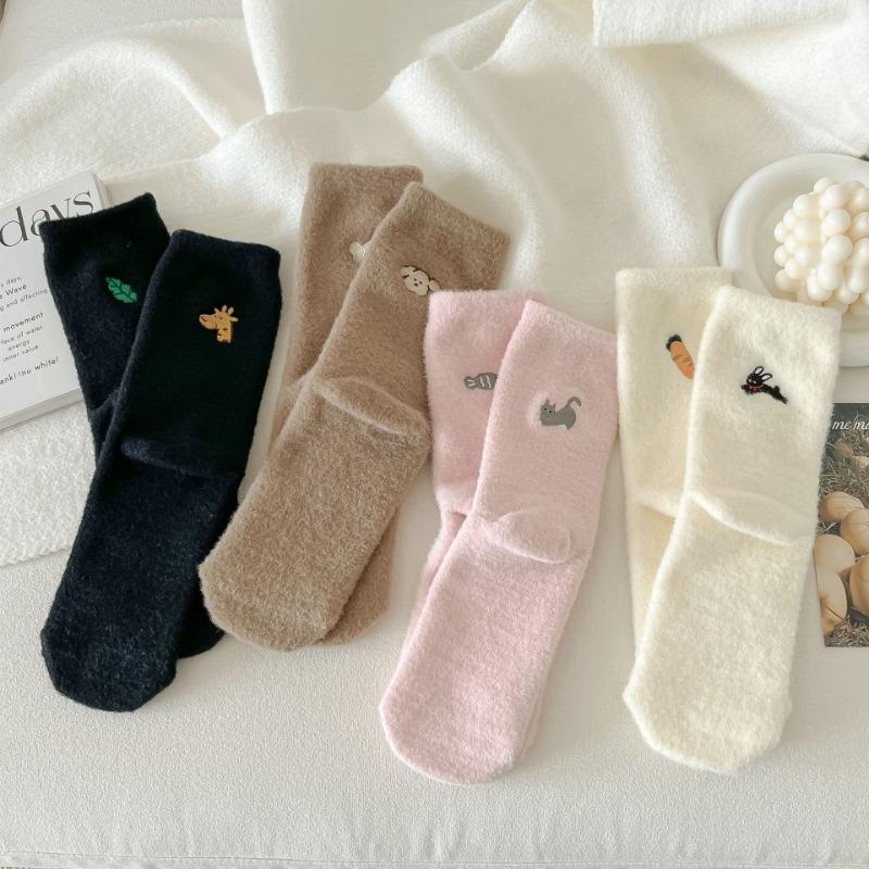 Cute AB Asymmetrical Embroidered Cartoon Women's Socks for Autumn and Winter, Australian Fleece Sleep Thickened Floor Socks
